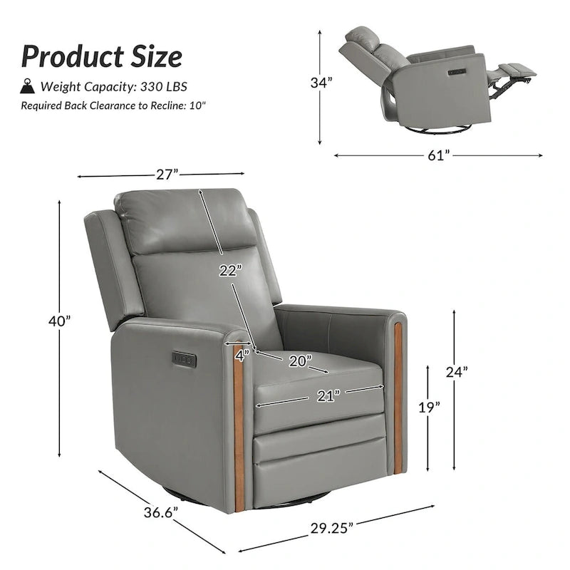 Modern Genuine Leather Rocking Swivel Power Recliner with Adjustable Headrest and Footrest