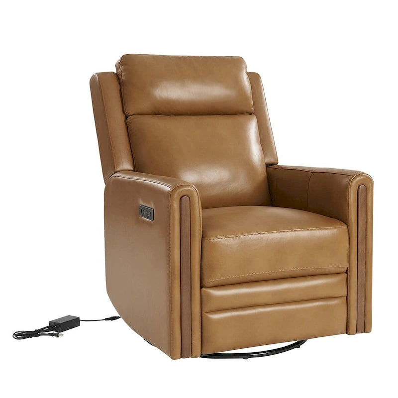 Modern Genuine Leather Rocking Swivel Power Recliner with Adjustable Headrest and Footrest