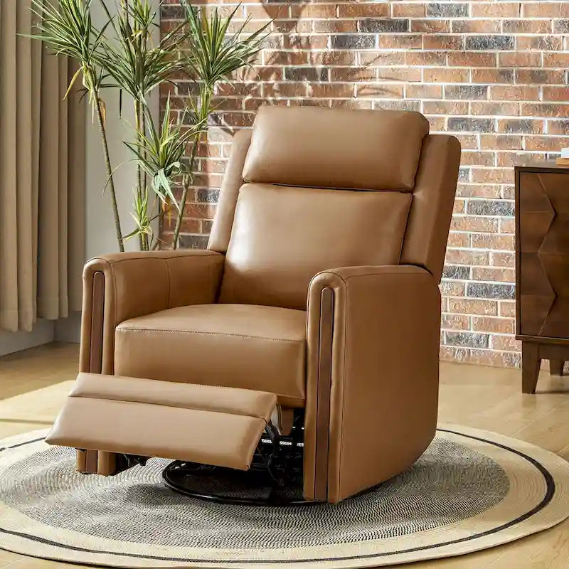 Modern Genuine Leather Rocking Swivel Power Recliner with Adjustable Headrest and Footrest