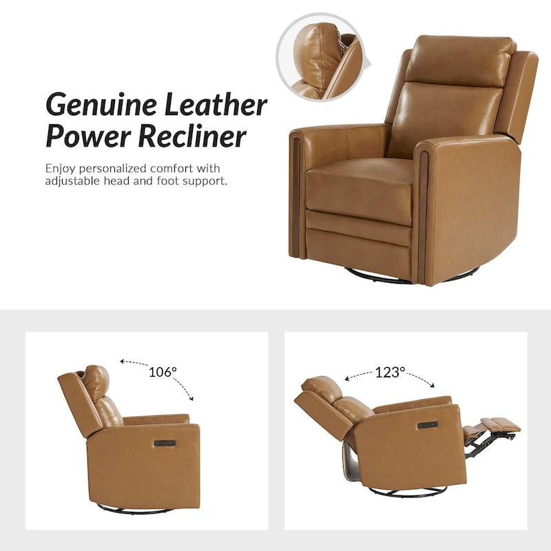 Modern Genuine Leather Rocking Swivel Power Recliner with Adjustable Headrest and Footrest