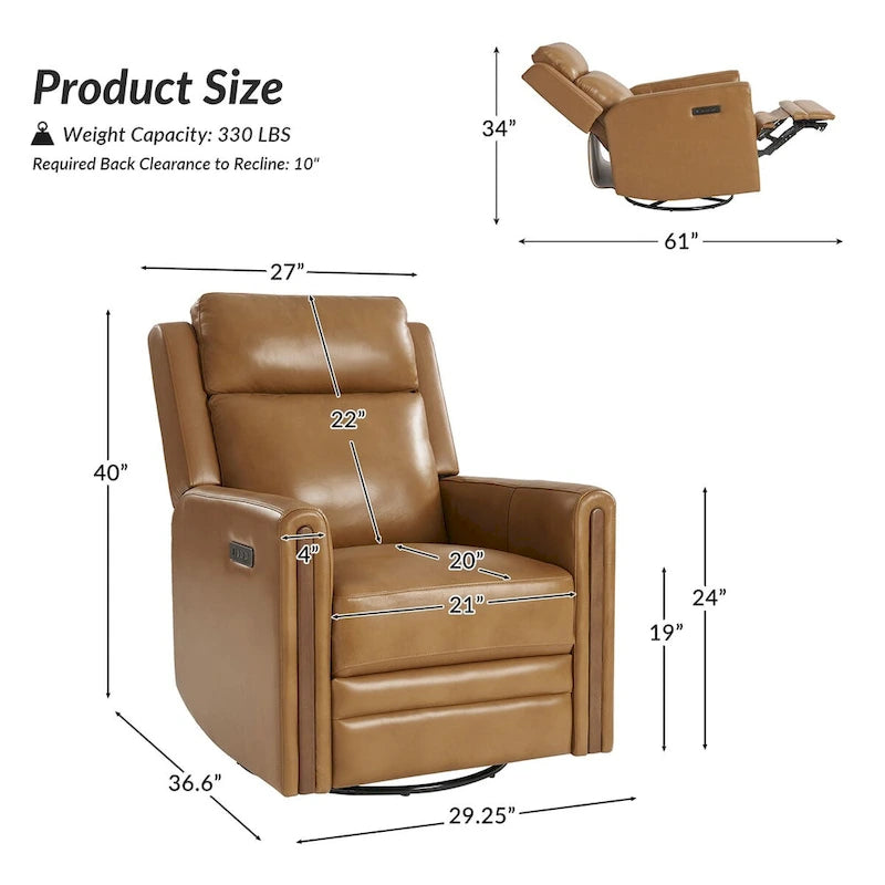 Modern Genuine Leather Rocking Swivel Power Recliner with Adjustable Headrest and Footrest