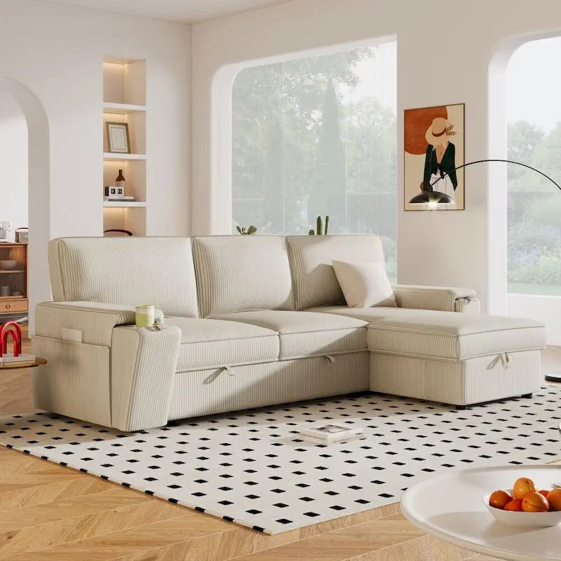 Upholstery Sleeper Sofa with Storage Bags and 2 Cup Holders on Arms