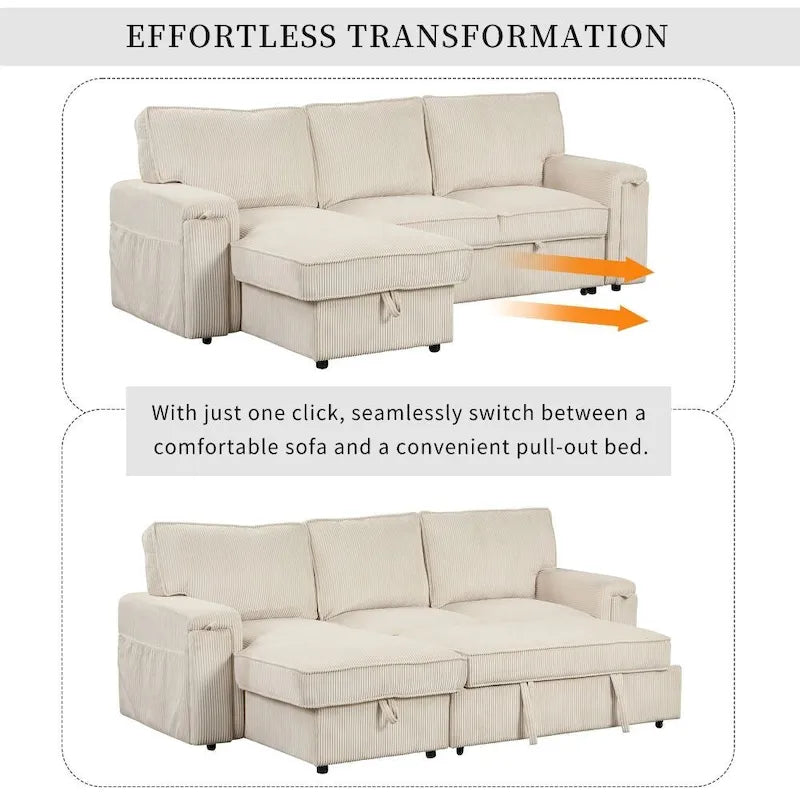Upholstery Sleeper Sofa with Storage Bags and 2 Cup Holders on Arms