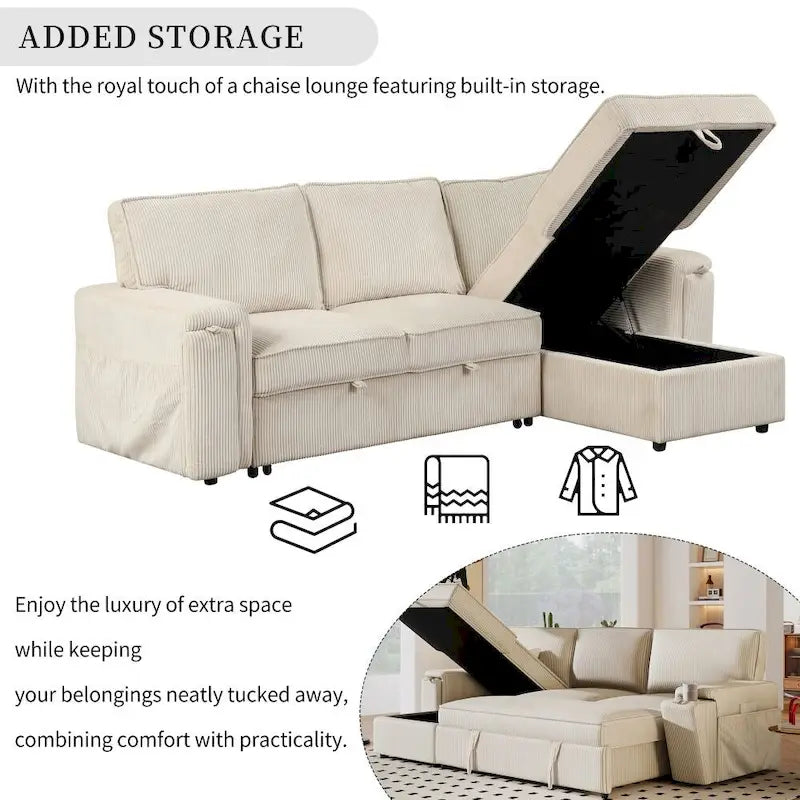 Upholstery Sleeper Sofa with Storage Bags and 2 Cup Holders on Arms