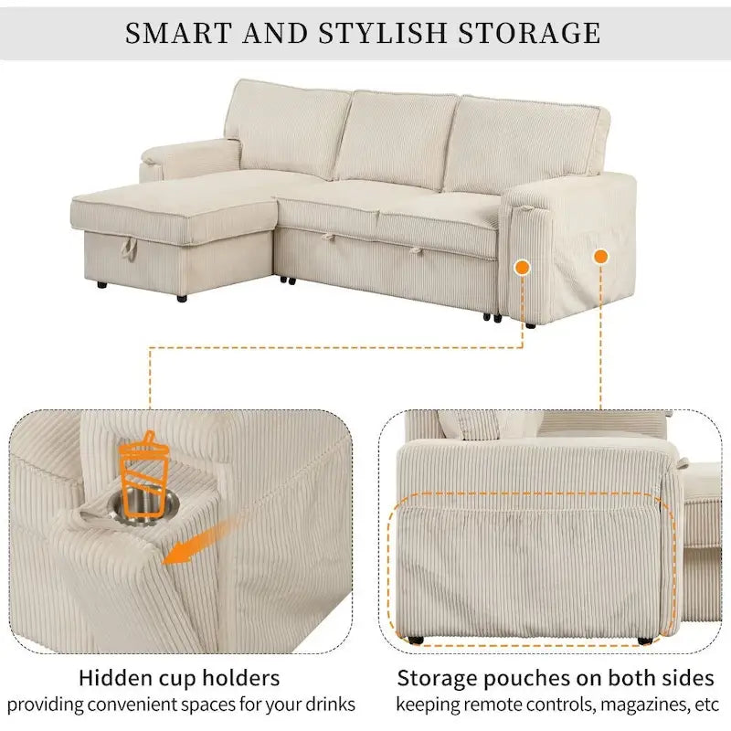 Upholstery Sleeper Sofa with Storage Bags and 2 Cup Holders on Arms