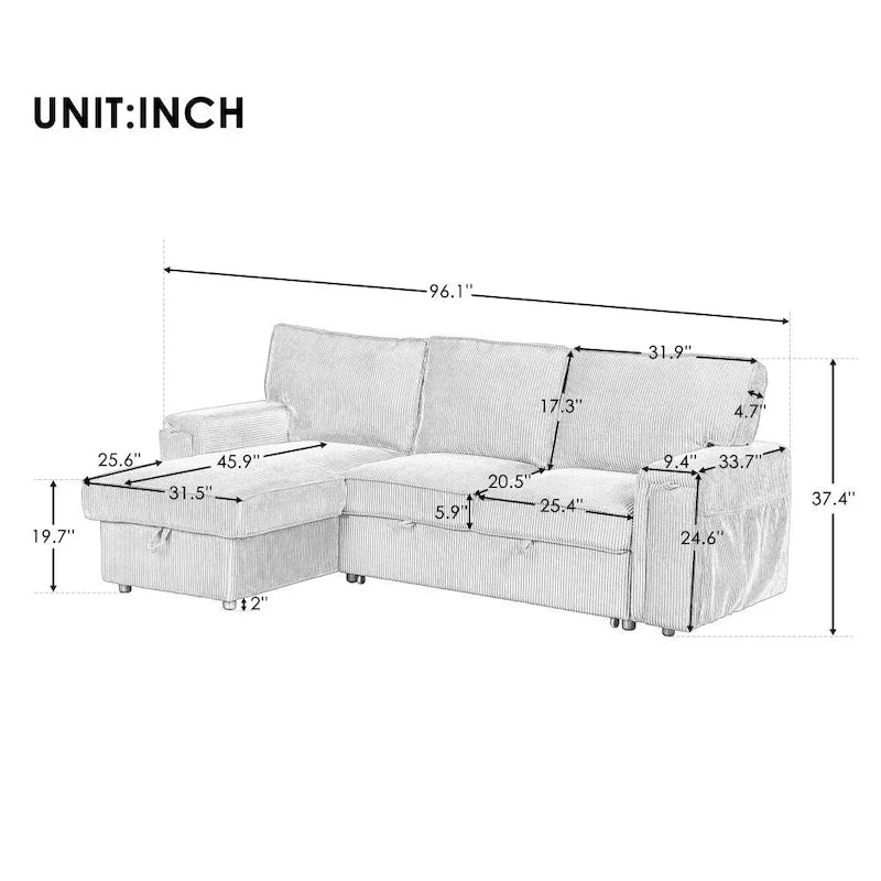 Upholstery Sleeper Sofa with Storage Bags and 2 Cup Holders on Arms