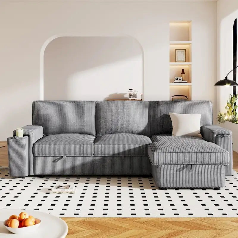 Upholstery Sleeper Sofa with Storage Bags and 2 Cup Holders on Arms