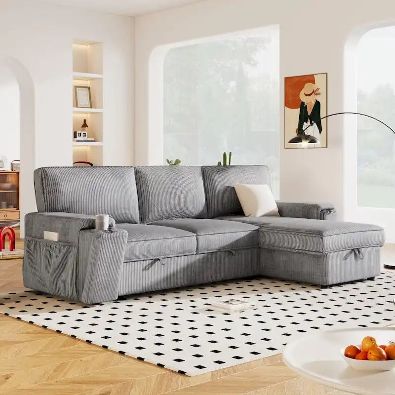 Upholstery Sleeper Sofa with Storage Bags and 2 Cup Holders on Arms