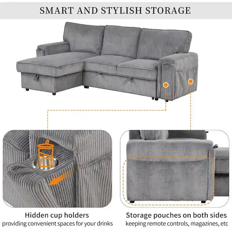 Upholstery Sleeper Sofa with Storage Bags and 2 Cup Holders on Arms