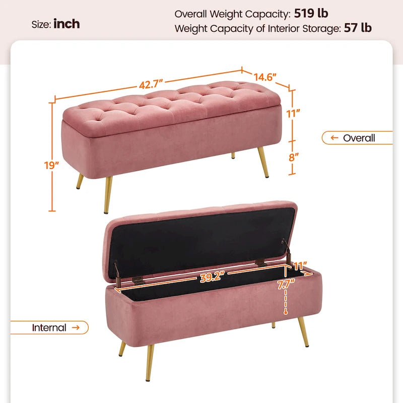 Modern Upholstered Ottoman Storage Bench - 43"L x 15"W x 20"H
