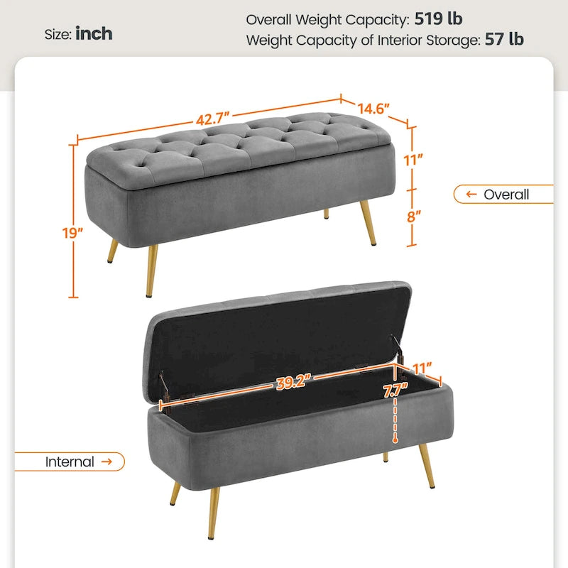 Modern Upholstered Ottoman Storage Bench - 43"L x 15"W x 20"H