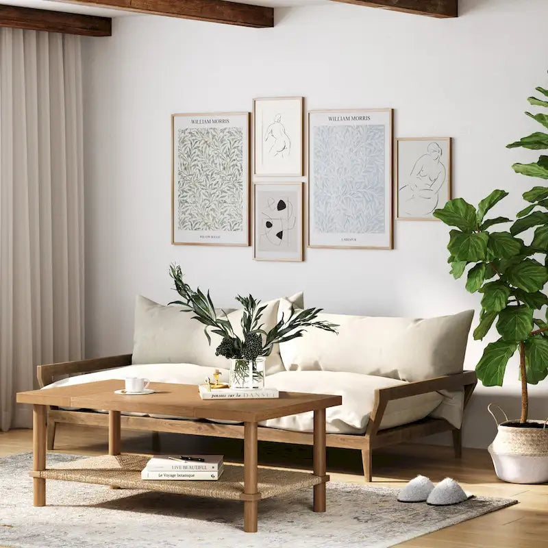 Bohemian 2-Tier Rectangle Coffee Table with Seagrass Shelf and Solid Wood Legs