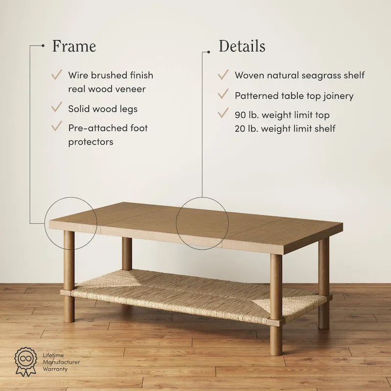 Bohemian 2-Tier Rectangle Coffee Table with Seagrass Shelf and Solid Wood Legs