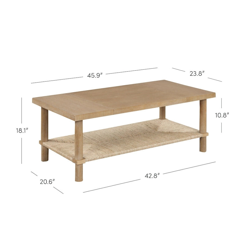 Bohemian 2-Tier Rectangle Coffee Table with Seagrass Shelf and Solid Wood Legs