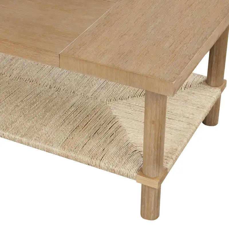Bohemian 2-Tier Rectangle Coffee Table with Seagrass Shelf and Solid Wood Legs
