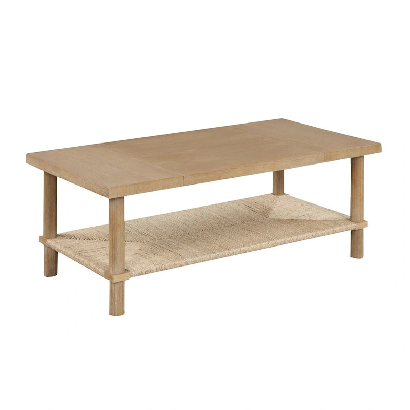 Bohemian 2-Tier Rectangle Coffee Table with Seagrass Shelf and Solid Wood Legs