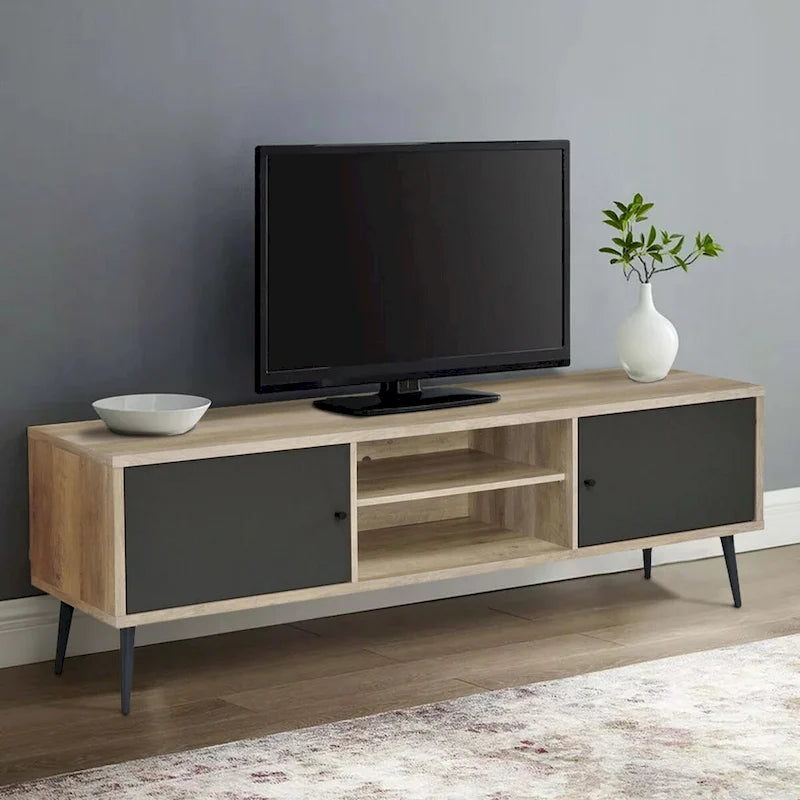 71" TV Media Entertainment Center with 2 Open Compartments, Brown and Gray