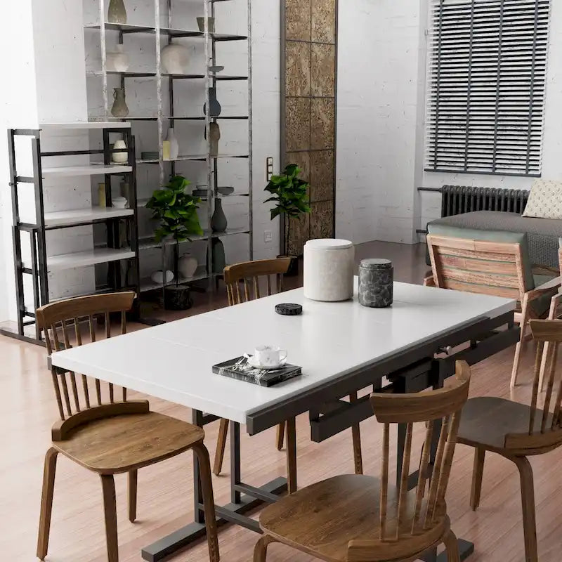 Solid Mahogany Wood Multifunction Convertible Dining Table,Free Switch Space Saving Table Shelf for Home and Studio,White Finish