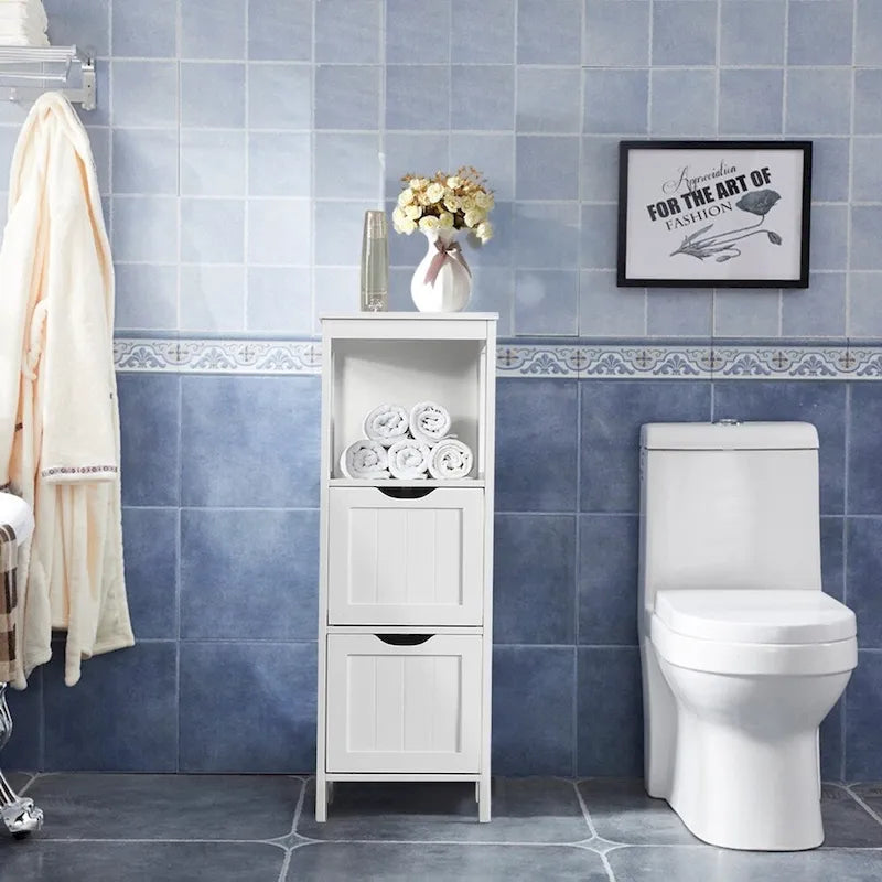 Meuble de salle de bain à poser 3 niveaux avec 2 tiroirs cachés et 1 étagère