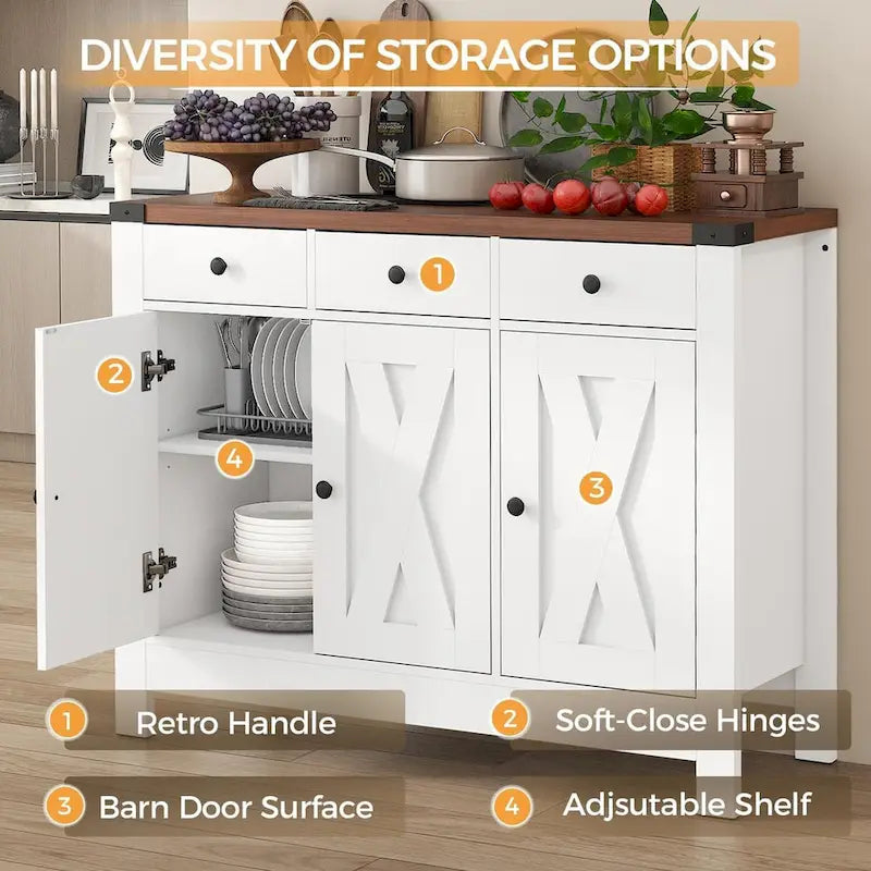 Kitchen Sideboard Buffet Storage Cabinet Coffee Bar Cabinet Pantry with 3 Drawers and Adjustable shelf