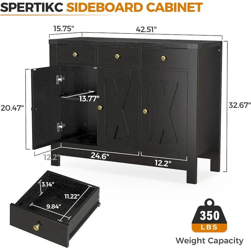 Kitchen Sideboard Buffet Storage Cabinet Coffee Bar Cabinet Pantry with 3 Drawers and Adjustable shelf