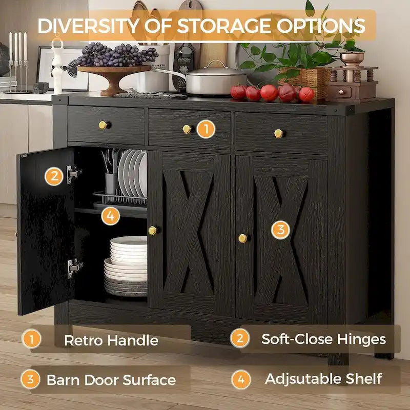 Kitchen Sideboard Buffet Storage Cabinet Coffee Bar Cabinet Pantry with 3 Drawers and Adjustable shelf