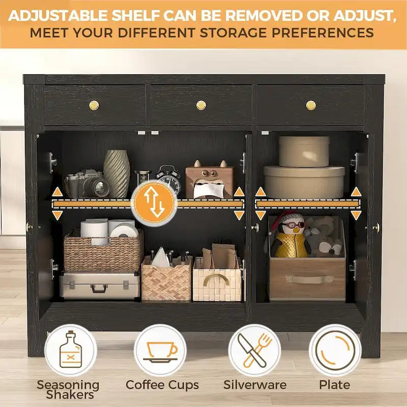Kitchen Sideboard Buffet Storage Cabinet Coffee Bar Cabinet Pantry with 3 Drawers and Adjustable shelf