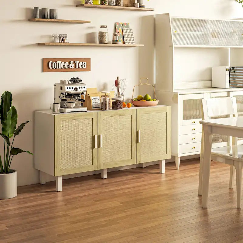 Sideboard Buffet Cabinet with 3 Rattan Doors and Adjustable Shelves