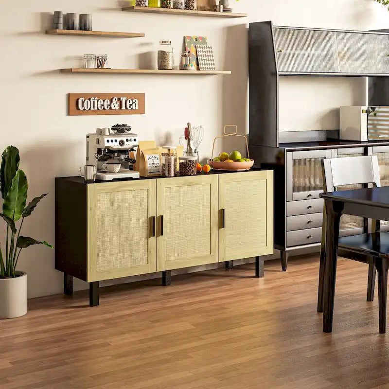 Sideboard Buffet Cabinet with 3 Rattan Doors and Adjustable Shelves
