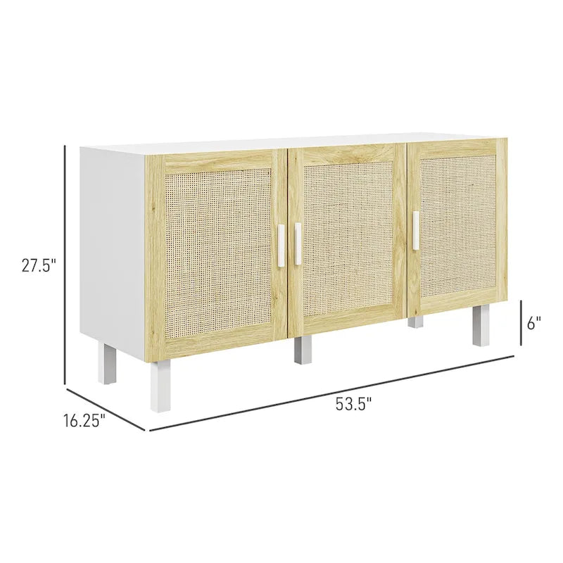 Sideboard Buffet Cabinet with 3 Rattan Doors and Adjustable Shelves