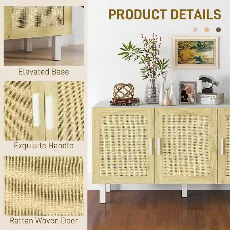 Sideboard Buffet Cabinet with 3 Rattan Doors and Adjustable Shelves
