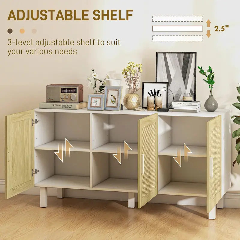 Sideboard Buffet Cabinet with 3 Rattan Doors and Adjustable Shelves