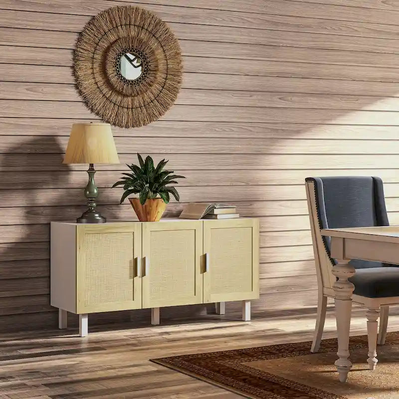 Sideboard Buffet Cabinet with 3 Rattan Doors and Adjustable Shelves