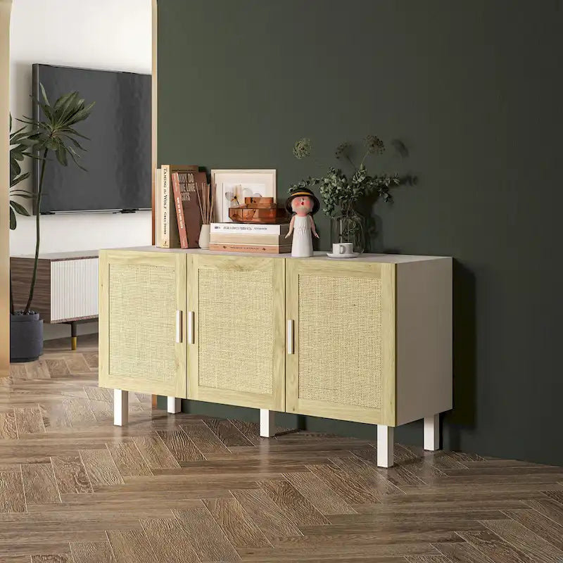 Sideboard Buffet Cabinet with 3 Rattan Doors and Adjustable Shelves