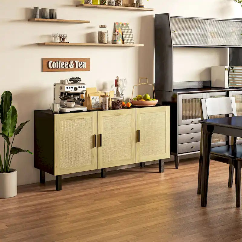 Sideboard Buffet Cabinet with 3 Rattan Doors and Adjustable Shelves