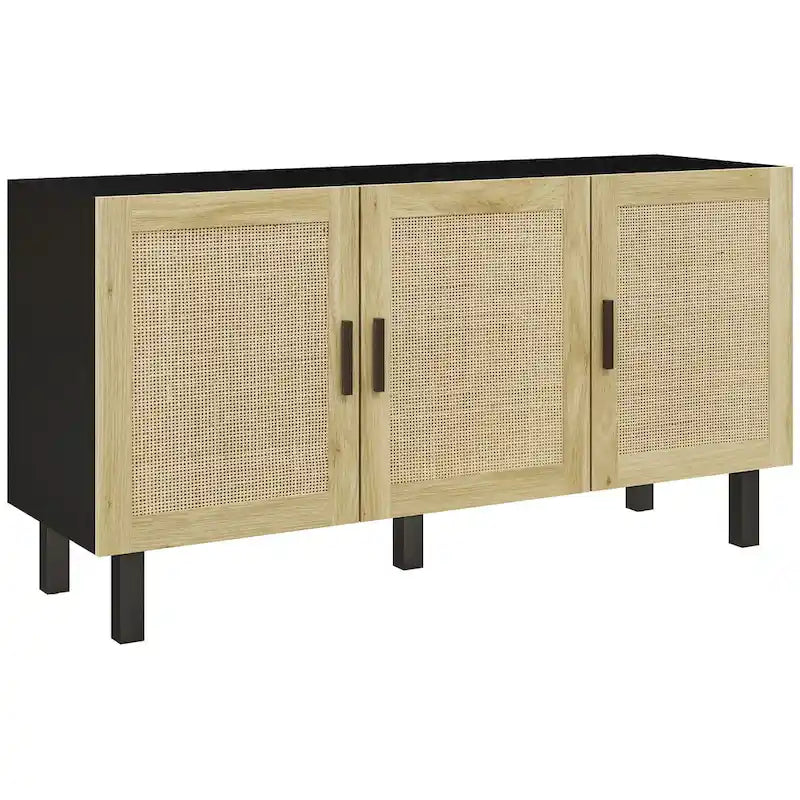 Sideboard Buffet Cabinet with 3 Rattan Doors and Adjustable Shelves
