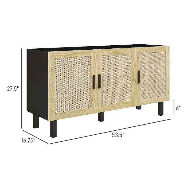 Sideboard Buffet Cabinet with 3 Rattan Doors and Adjustable Shelves