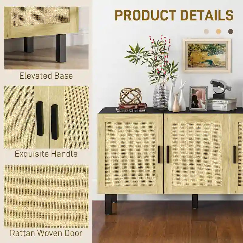 Sideboard Buffet Cabinet with 3 Rattan Doors and Adjustable Shelves