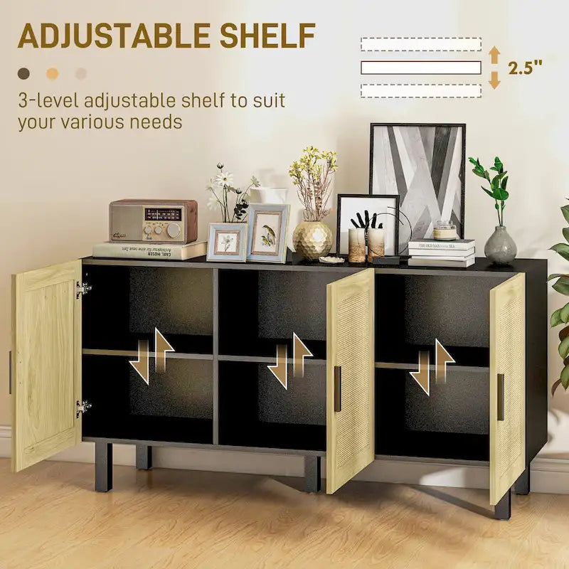 Sideboard Buffet Cabinet with 3 Rattan Doors and Adjustable Shelves