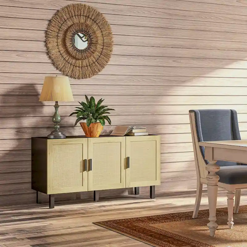 Sideboard Buffet Cabinet with 3 Rattan Doors and Adjustable Shelves