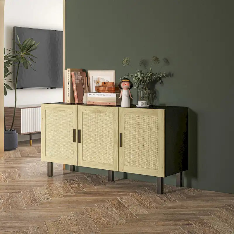 Sideboard Buffet Cabinet with 3 Rattan Doors and Adjustable Shelves